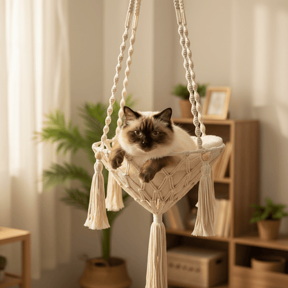 Handwoven Cotton Rope Cat Hammock With Hanging Basket For Indoor Cats - Ryan's Pawsitive Pet Shoppe